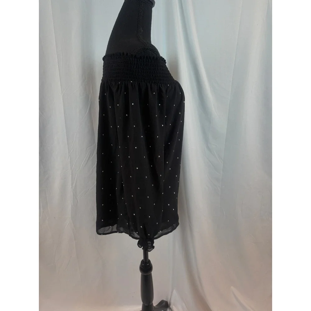 Black Off Shoulder Rhinestone Embellished Smocked Blouse Long Sleeve Size‎ Small